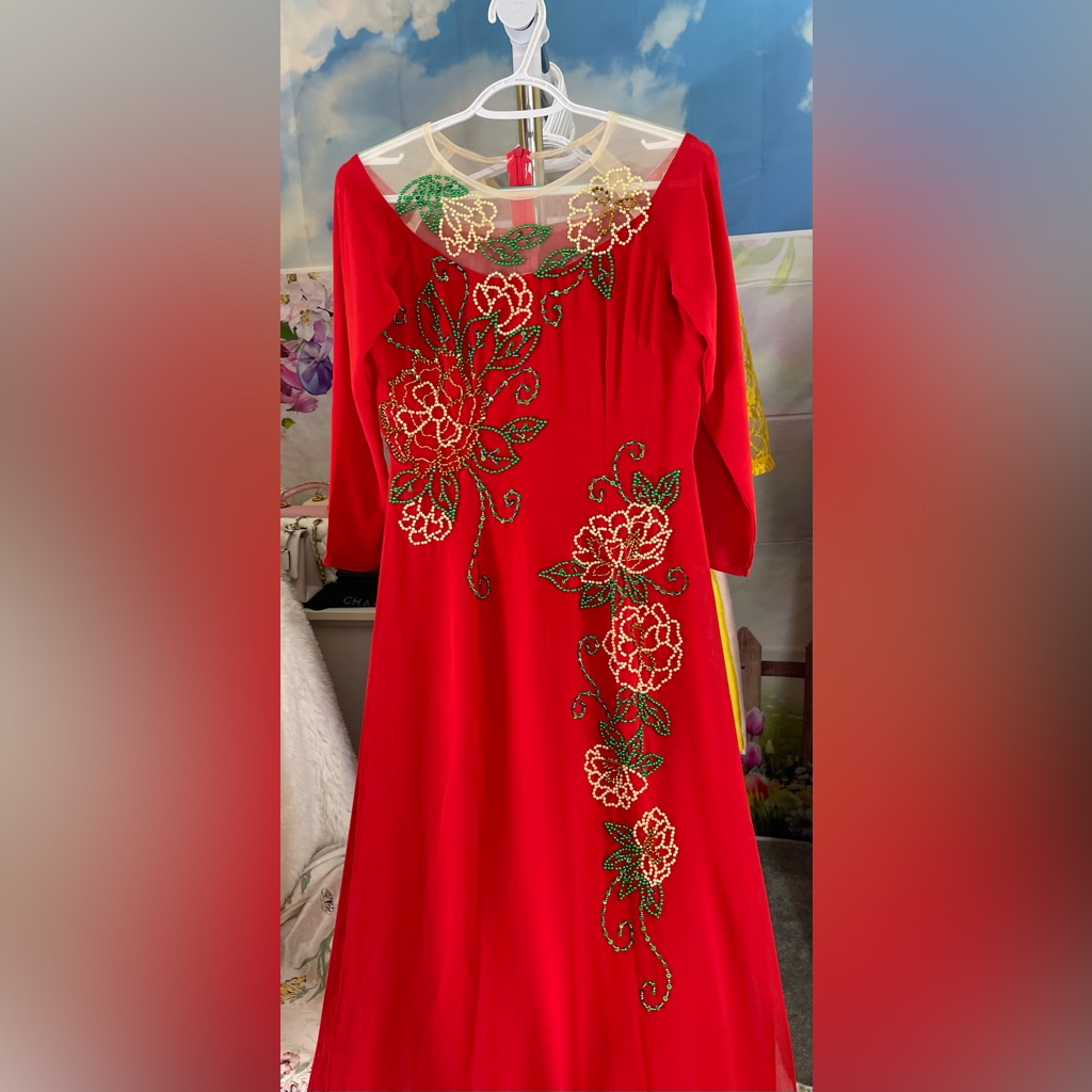 Ao Dai Chi Phong, Vietnamese Traditional Long Dress Set Chiffon L Large 4 New